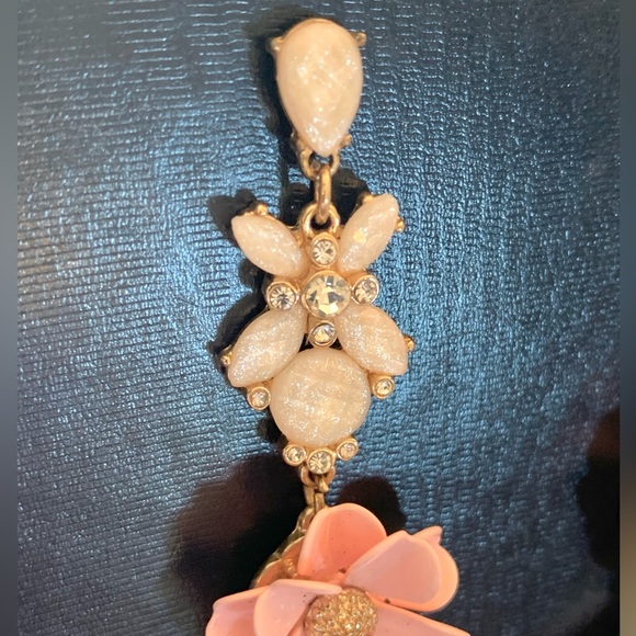 Pink Enamel Flower rhinestone Dangle Earrings chandelier 3” Tole Metal Flowers - Picture 4 of 10